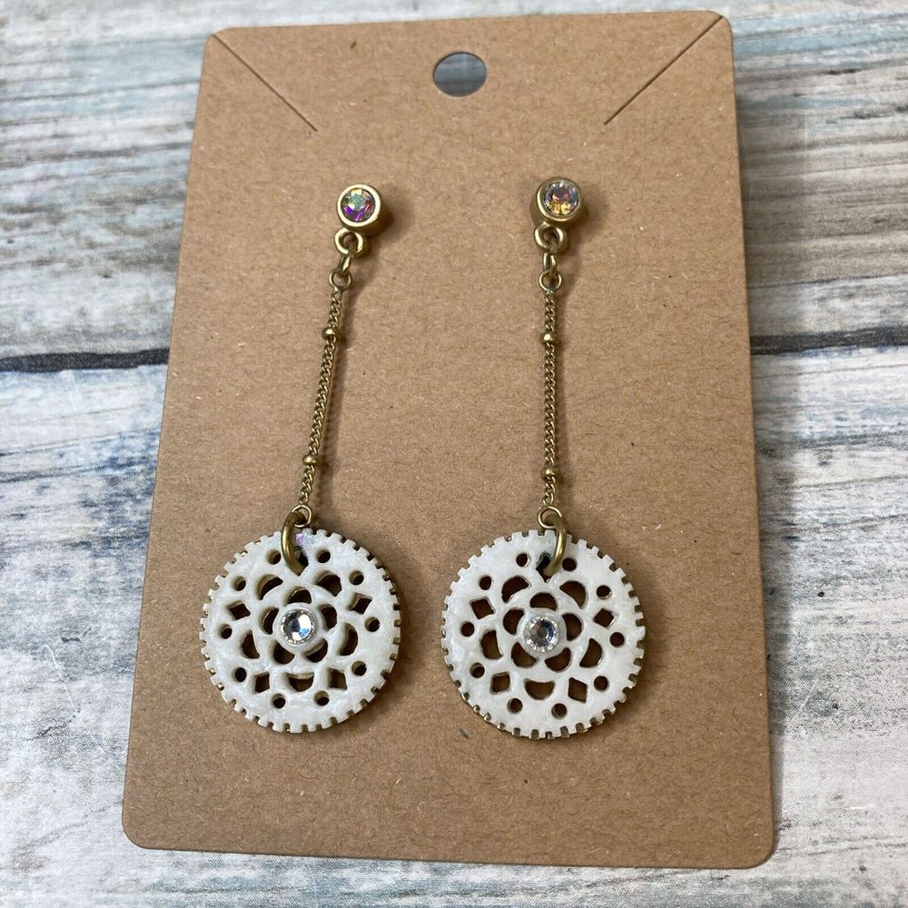 Gear Style Earrings Drop‎ dangle Gold Tone Chain ab crystals NWOT